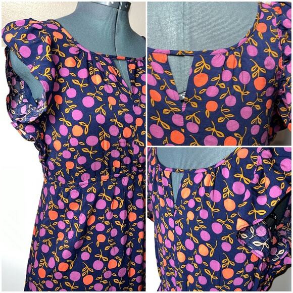Fossil Keyhole Mini Dress Flutter Sleeves Navy Blue,Purple,Orange Womens Size XS - Picture 12 of 16